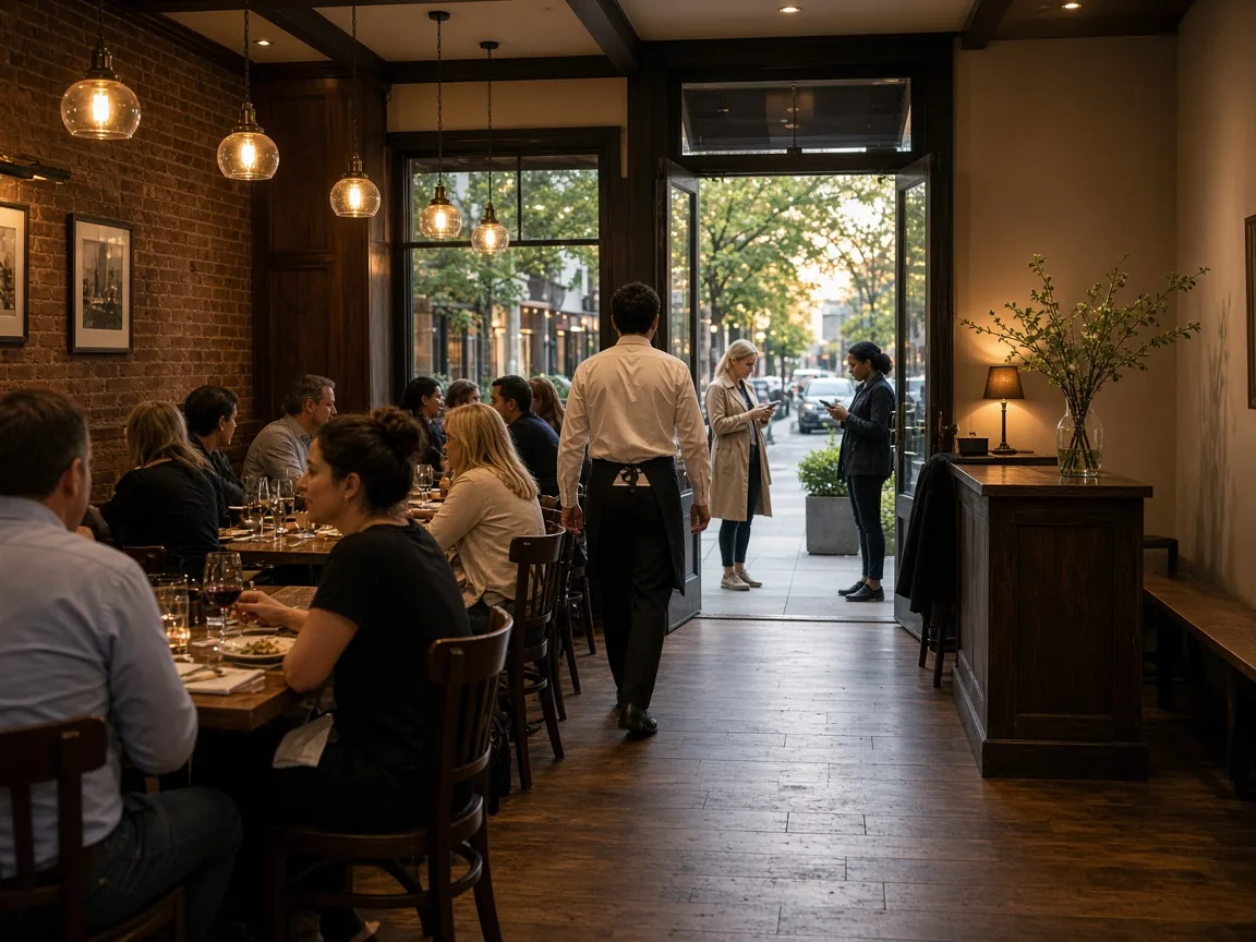 A busy restaurant with guests following the waitlist on their phones and staff calling the next party