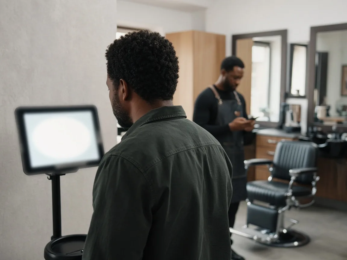 A customer joins at a kiosk while a barber calls the next person from a phone