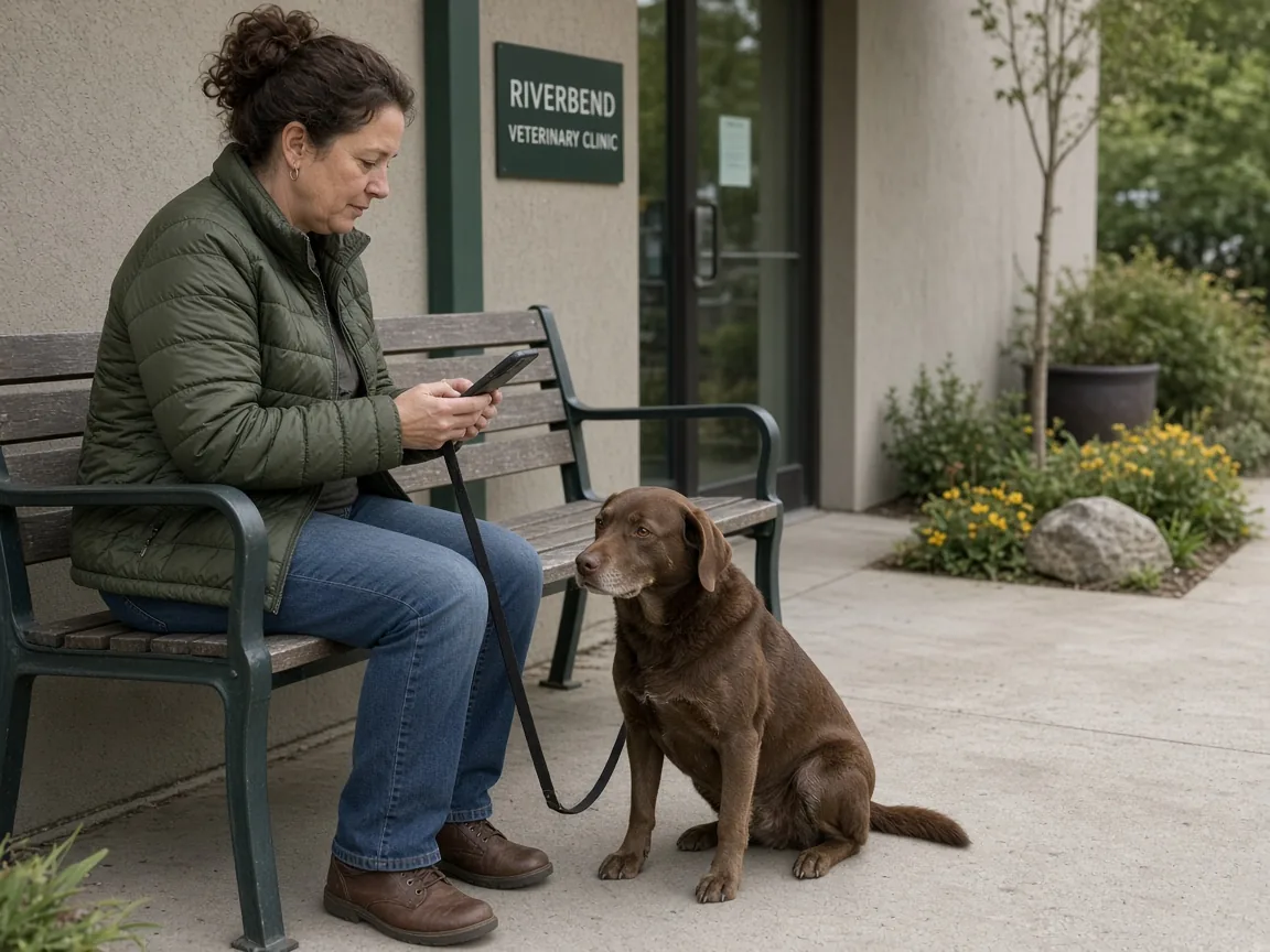 A pet owner filling an intake form on a phone while waiting with a dog