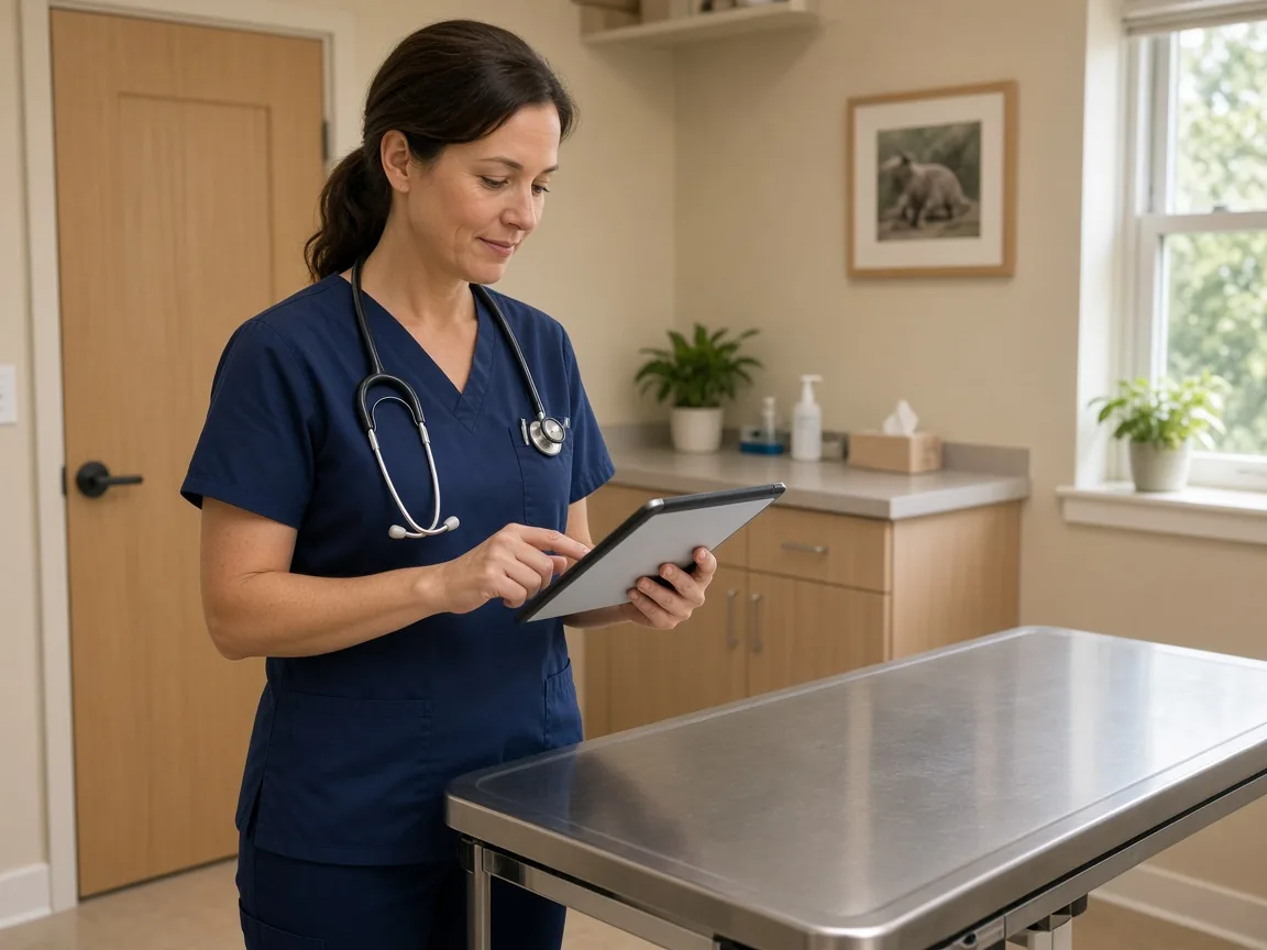 A veterinarian tapping to call the next pet while the owner follows the wait on a phone