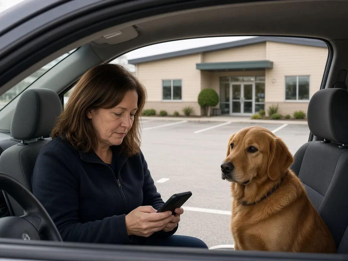 A pet owner waiting outside with a pet and watching place in line on a phone