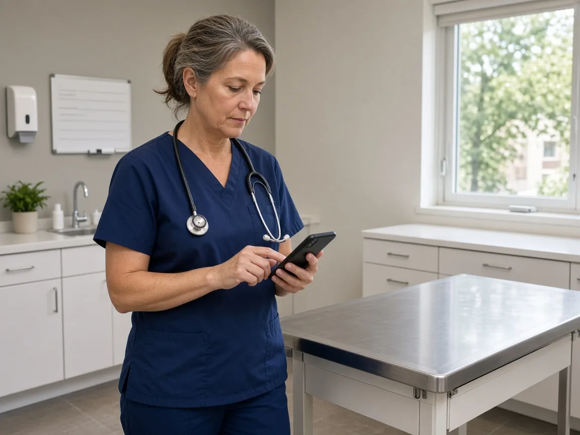 A veterinarian in an exam room tapping a phone to call the next pet