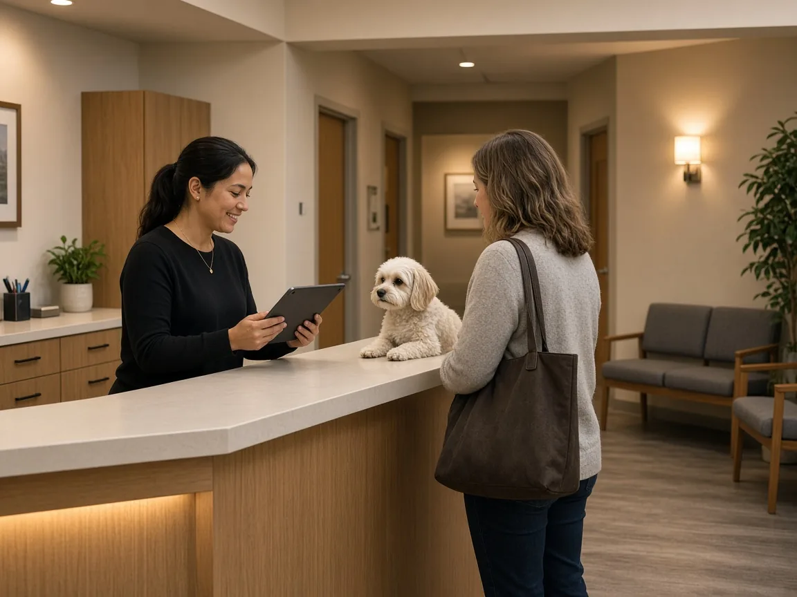 Front desk staff adding a pet owner to the veterinary waitlist