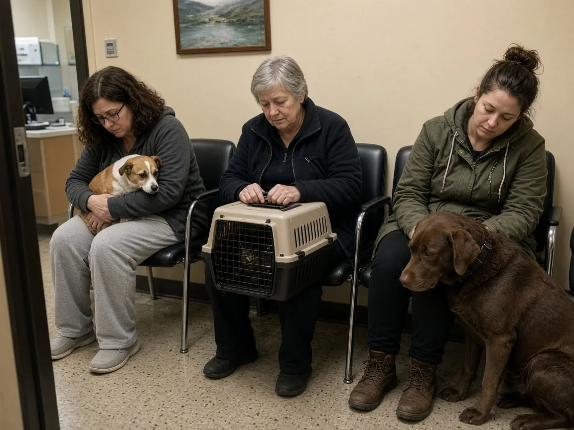 Pets and owners sitting together in a veterinary waiting room