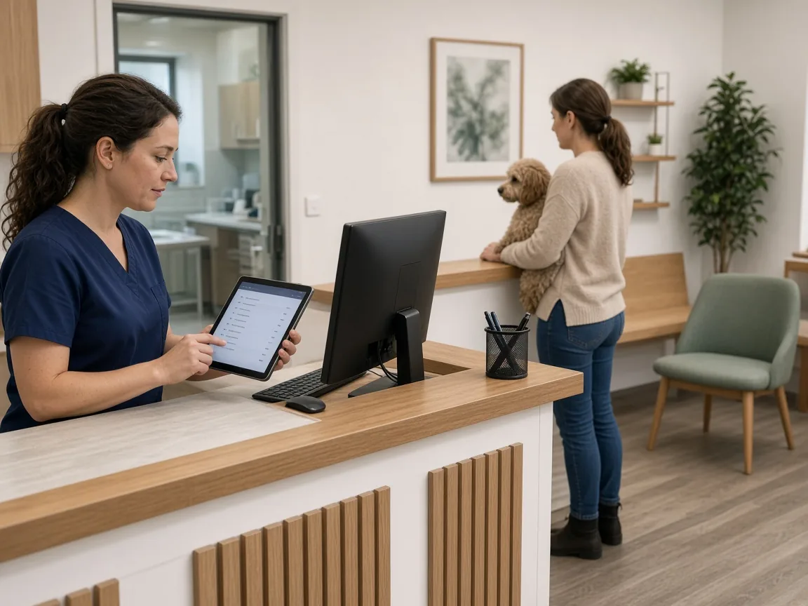 Front desk staff viewing walk-ins and appointments on a tablet