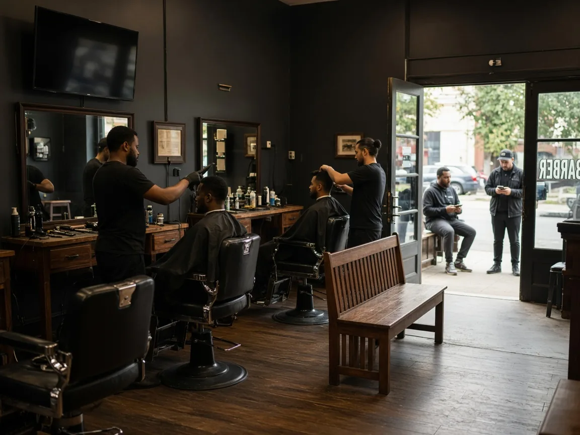 A busy barber shop with customers following the waitlist on their phones and barbers at the chairs