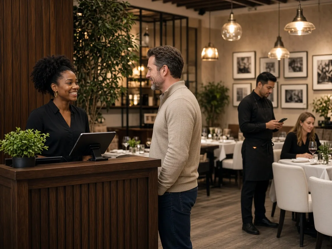 A hostess at the door and a waiter in the dining room using the same live queue