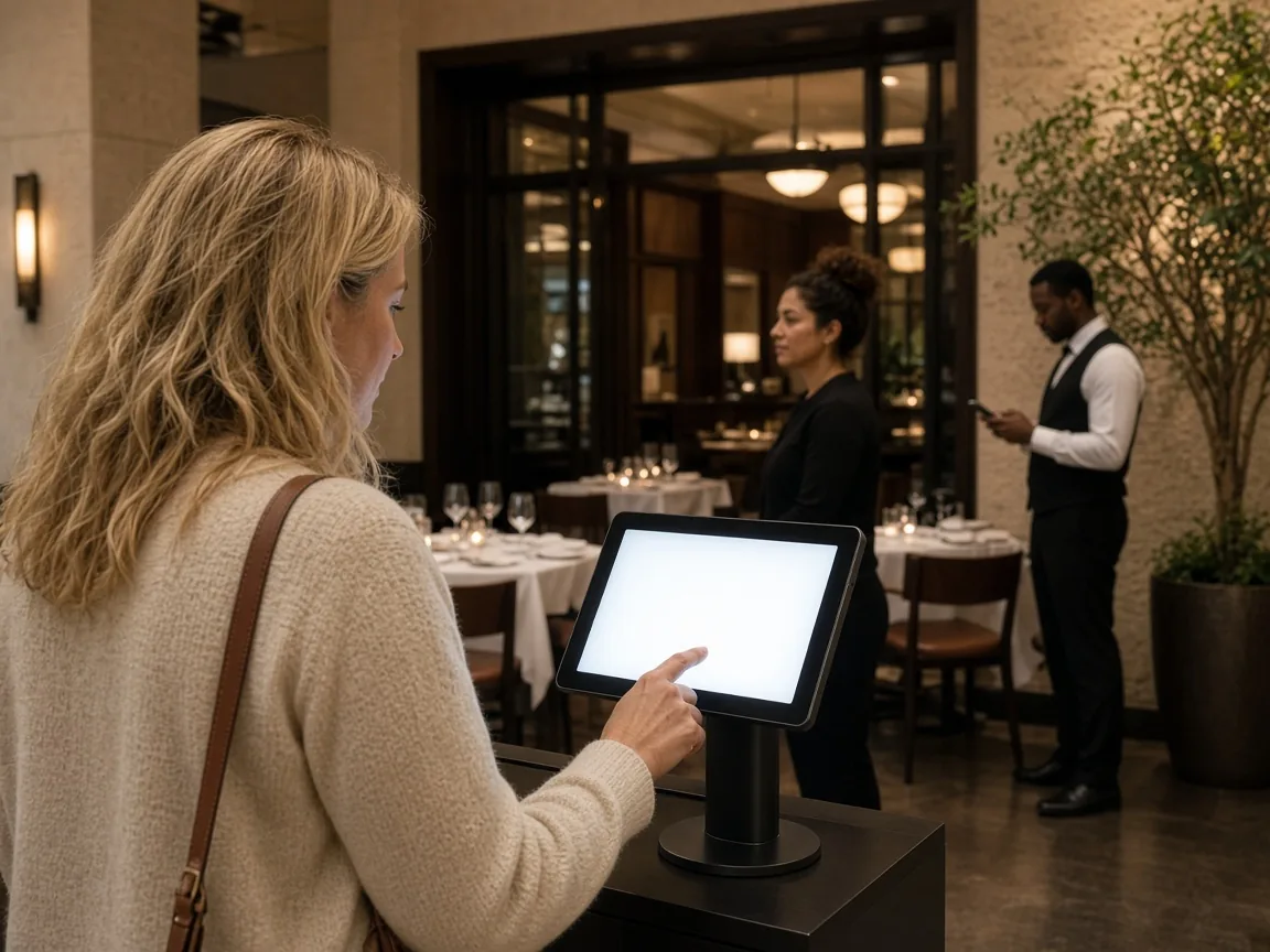 A guest joins a restaurant waitlist while staff call the next party from a phone